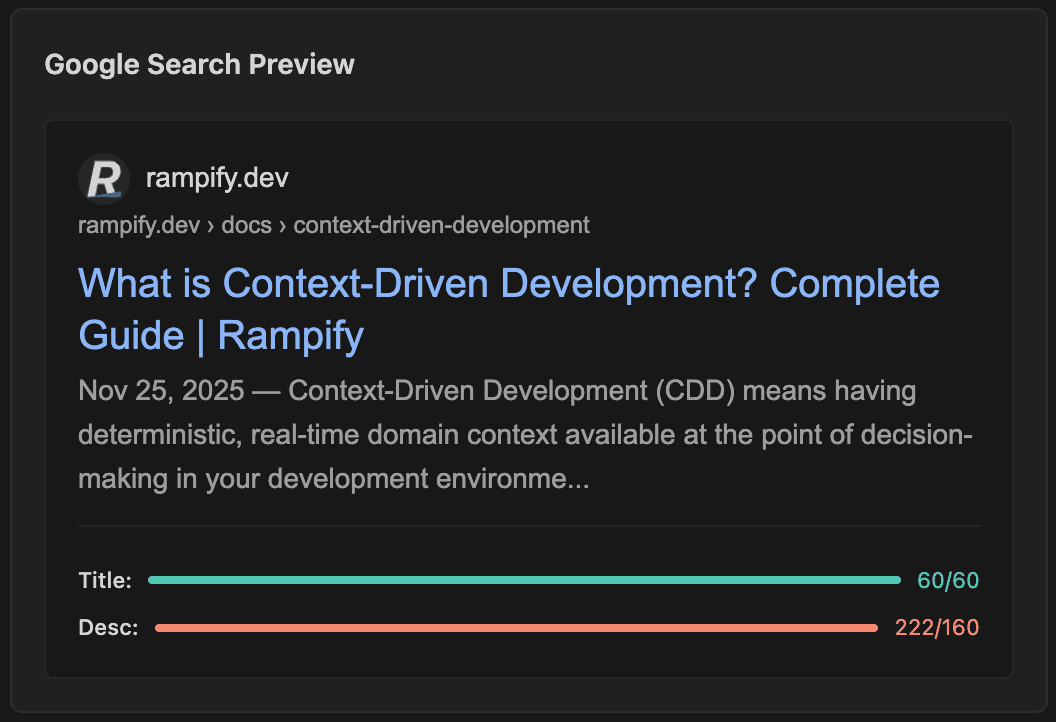 Live Google Search preview showing how MDX content appears in search results with title, description, and breadcrumb