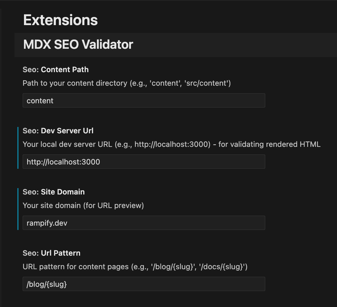 Simple VS Code settings configuration for MDX SEO Validator with dev server port and framework options