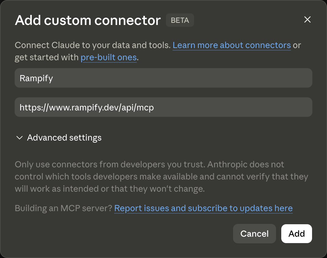 Claude's Add Custom Connector dialog with Rampify entered as the name and https://www.rampify.dev/api/mcp as the URL — used to add Rampify's MCP server to claude.ai or Claude Desktop