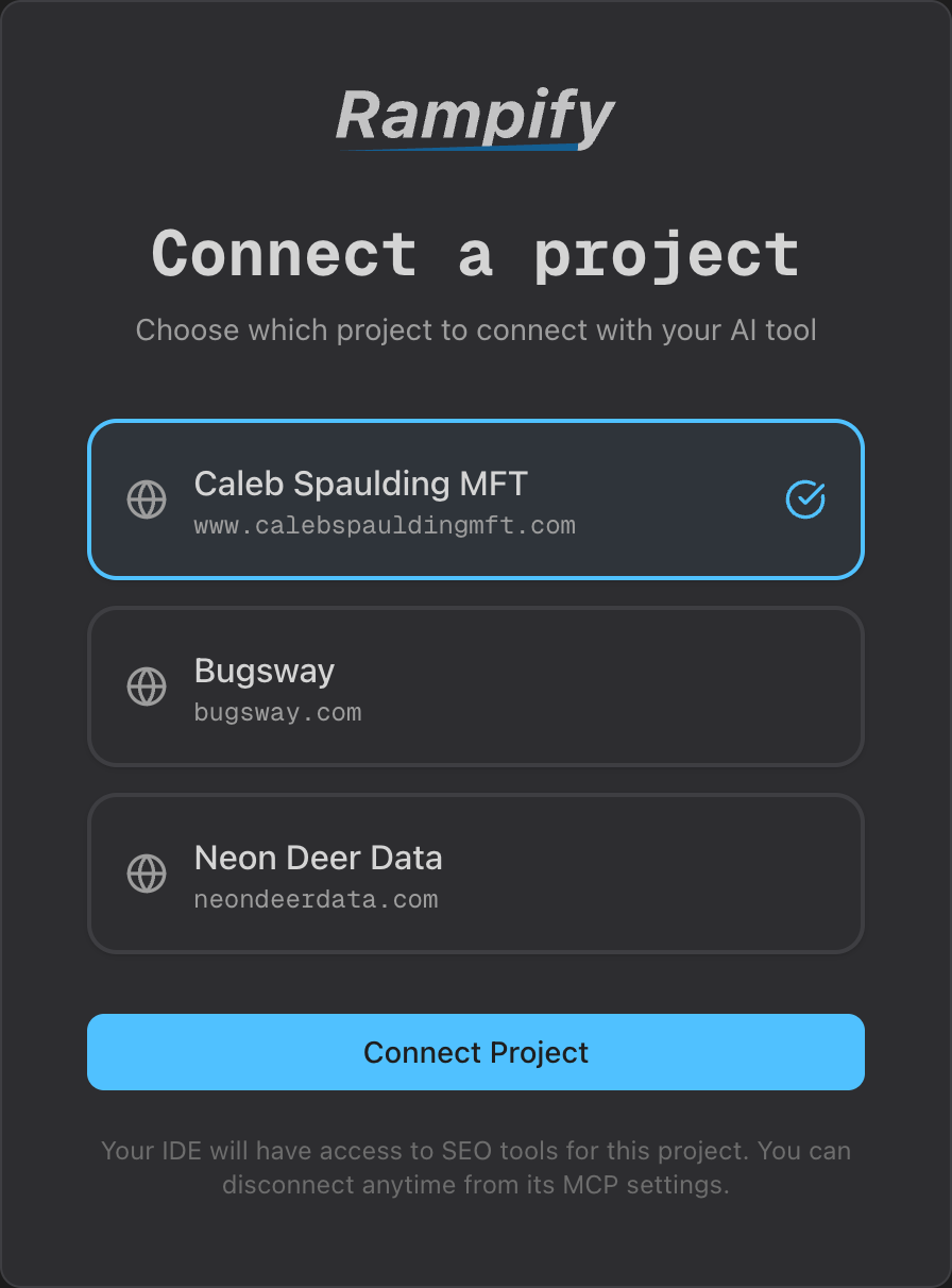 Rampify's MCP OAuth project picker — choose which project to connect your AI coding tool (Claude, Cursor, VS Code) to during sign-in