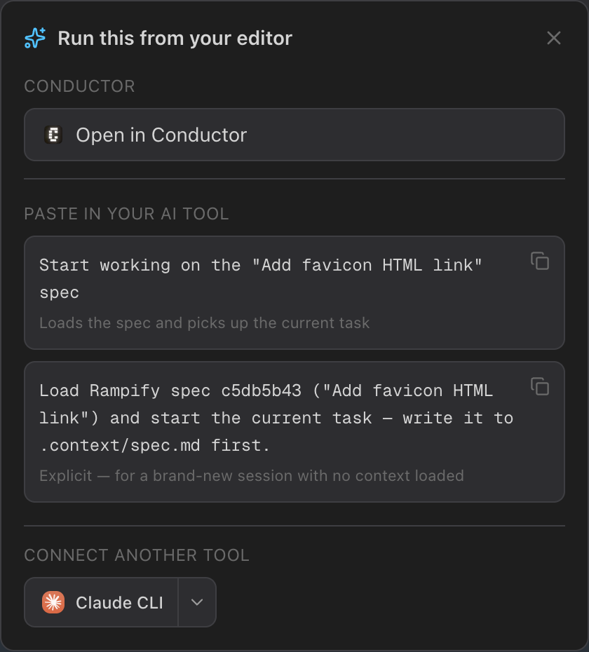 Rampify's Open in Conductor handoff — clicking Open in Conductor on a spec opens a new Conductor workspace in the right repo with the task prompt pre-filled in the chat, ready to send