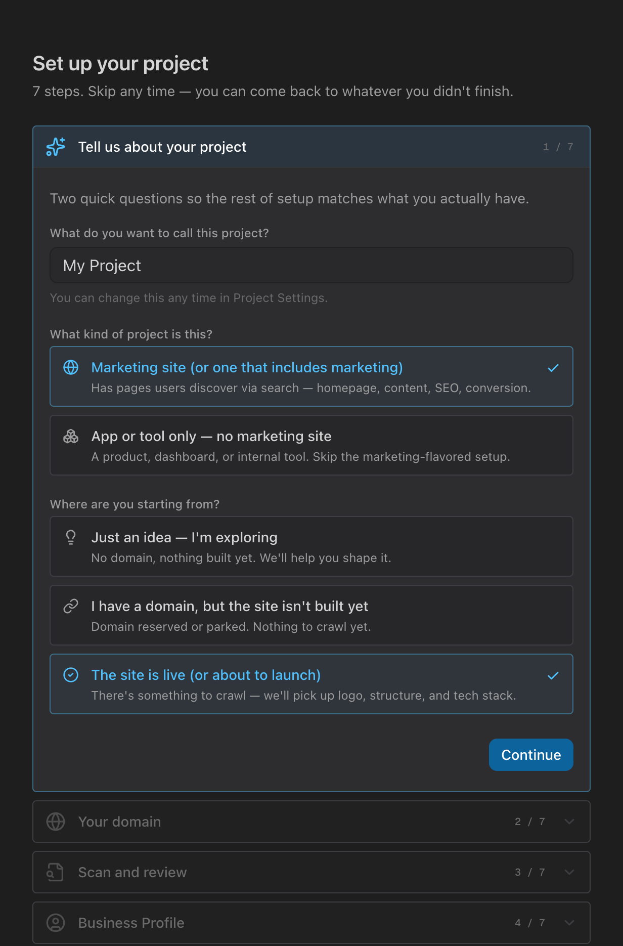 Rampify's project setup wizard intake step, asking what kind of project (marketing site or app/tool) and where you're starting from (idea, domain only, or live site)